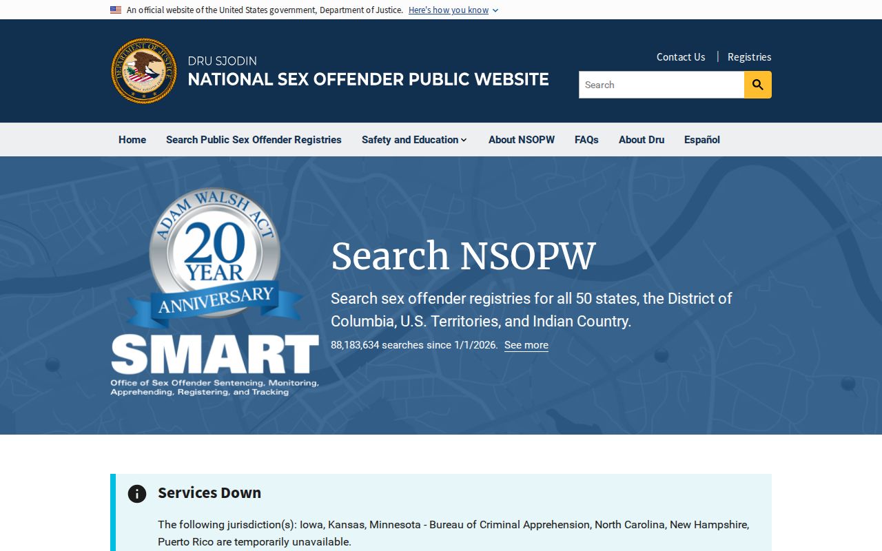 Elgin criminal records research using the DOJ national sex offender search landing page