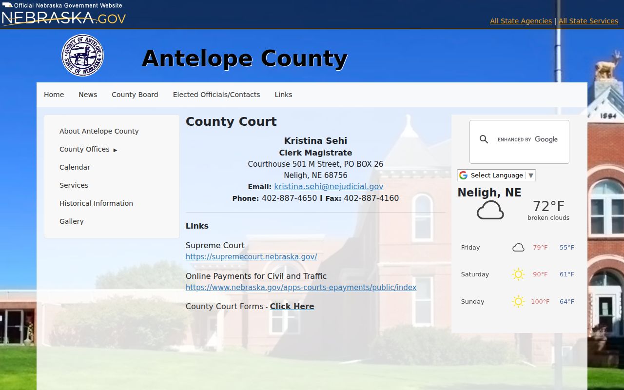 Antelope County court case lookup County Court contact and services