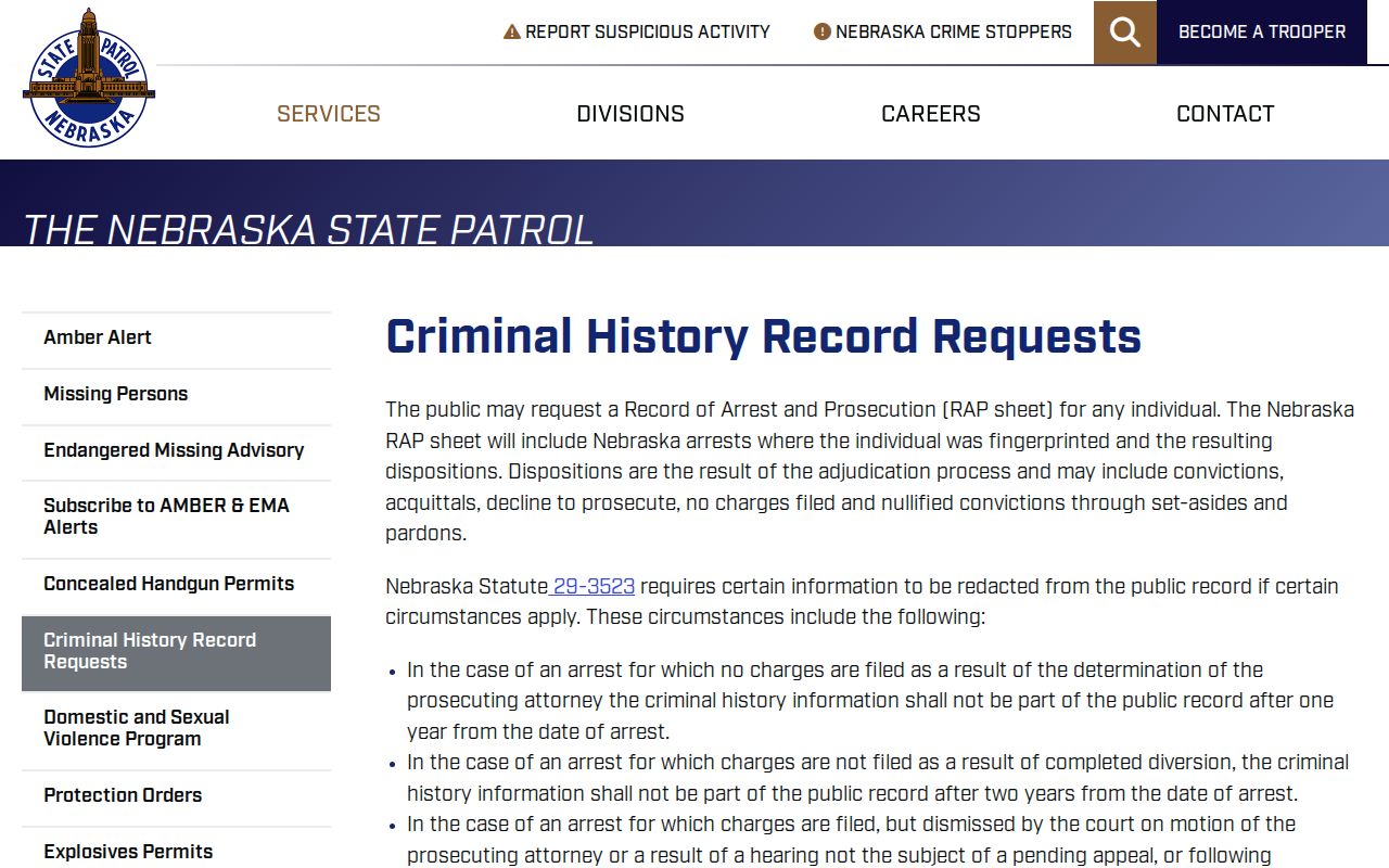 Antelope County criminal history Nebraska State Patrol request methods