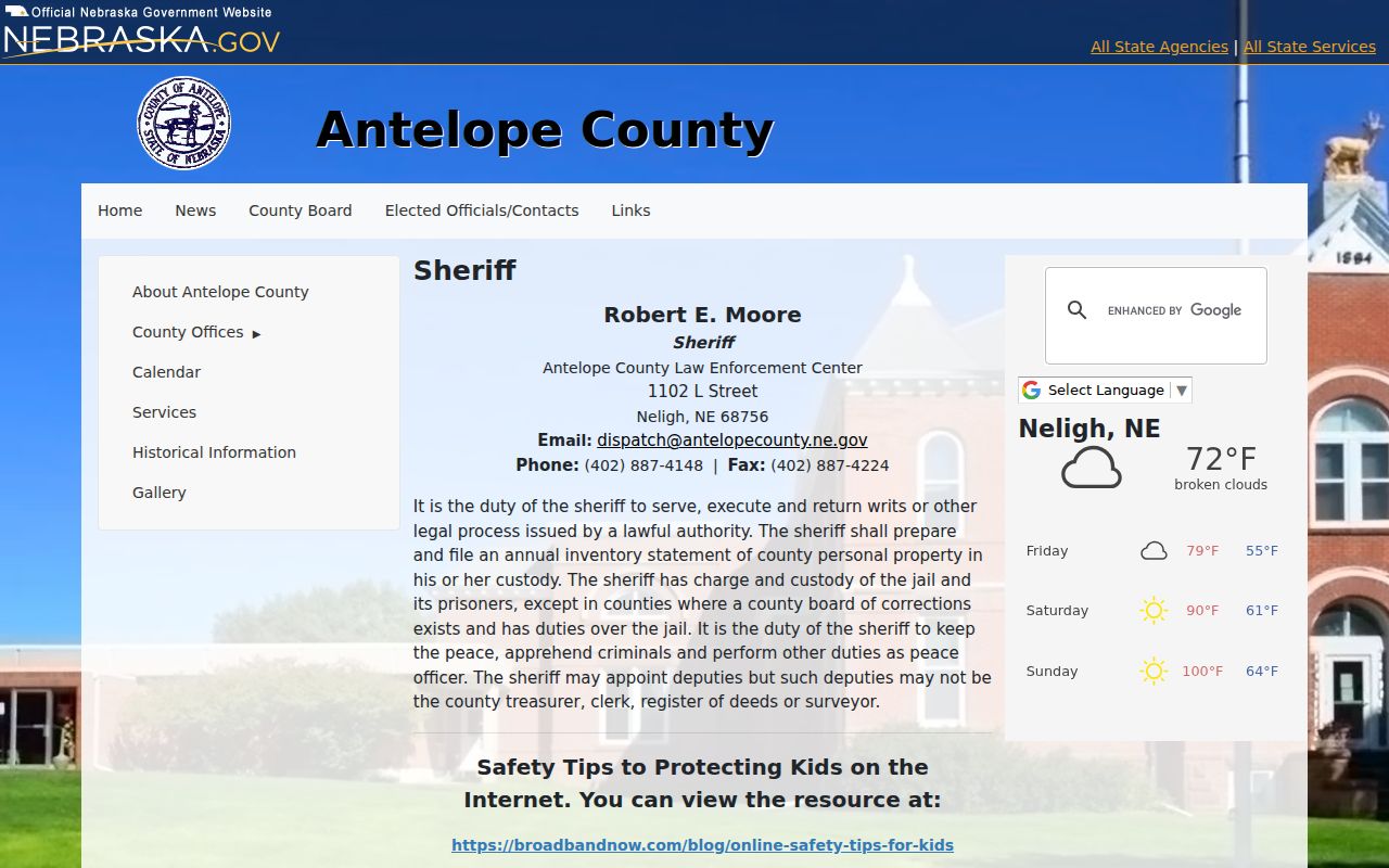 Antelope County Sheriff criminal records and Law Enforcement Center page